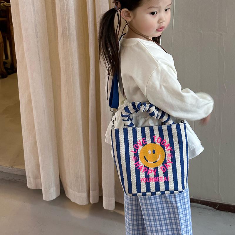 Face Cute Smiley Unisex Kids Shoulder Bag Fashionable Striped Children Pleated