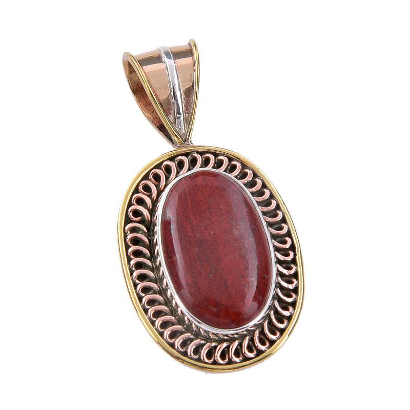 Natürlicher Roter Jaspis Edelstein 925 Massiv Sterlingsilber Zweifarbig Anhänger 1,50" V9z58