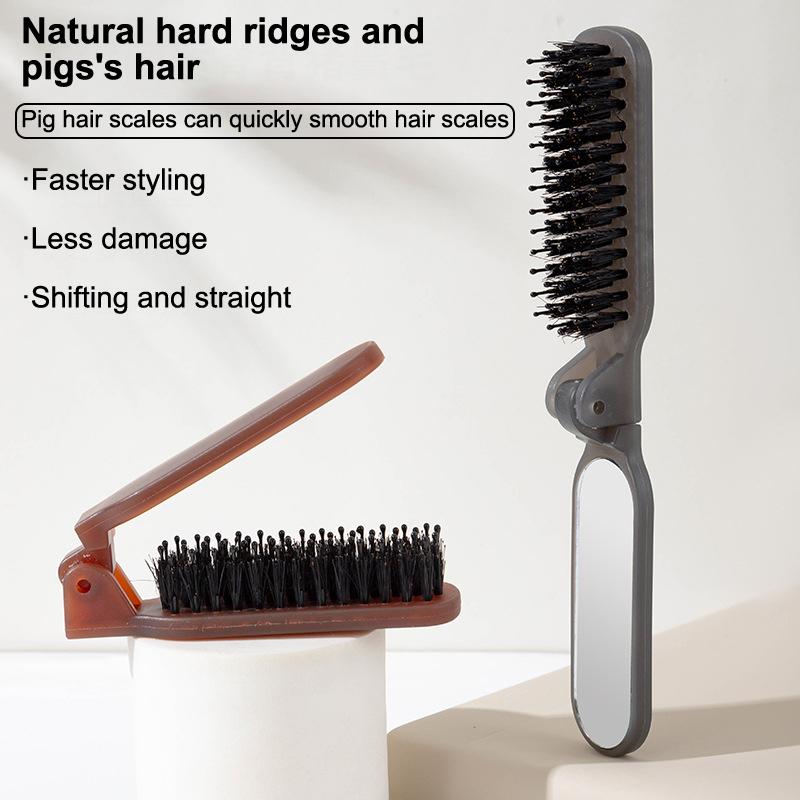 Spazzola per Capelli con Setole di Cinghiale Pieghevole Portatile Pettine con Specchio Tascabile Pieghevole da Viaggio Massaggio Strumento per lo Styling dei Capelli Regalo da Salone