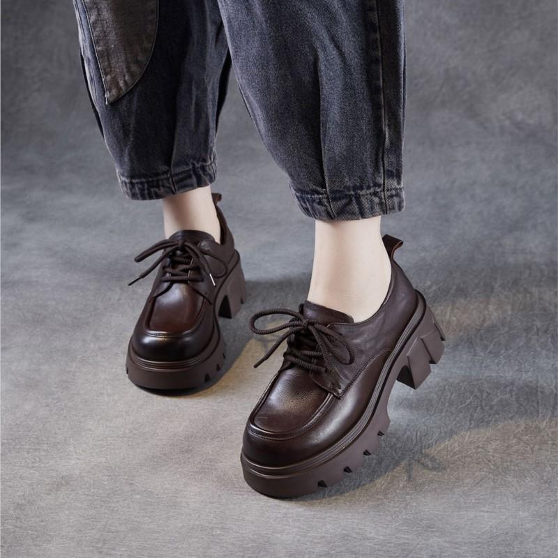 Johnature Genuine Leather Retro Women's Thick Heels Shoes British Style Thick Soled Lace Up Pumps