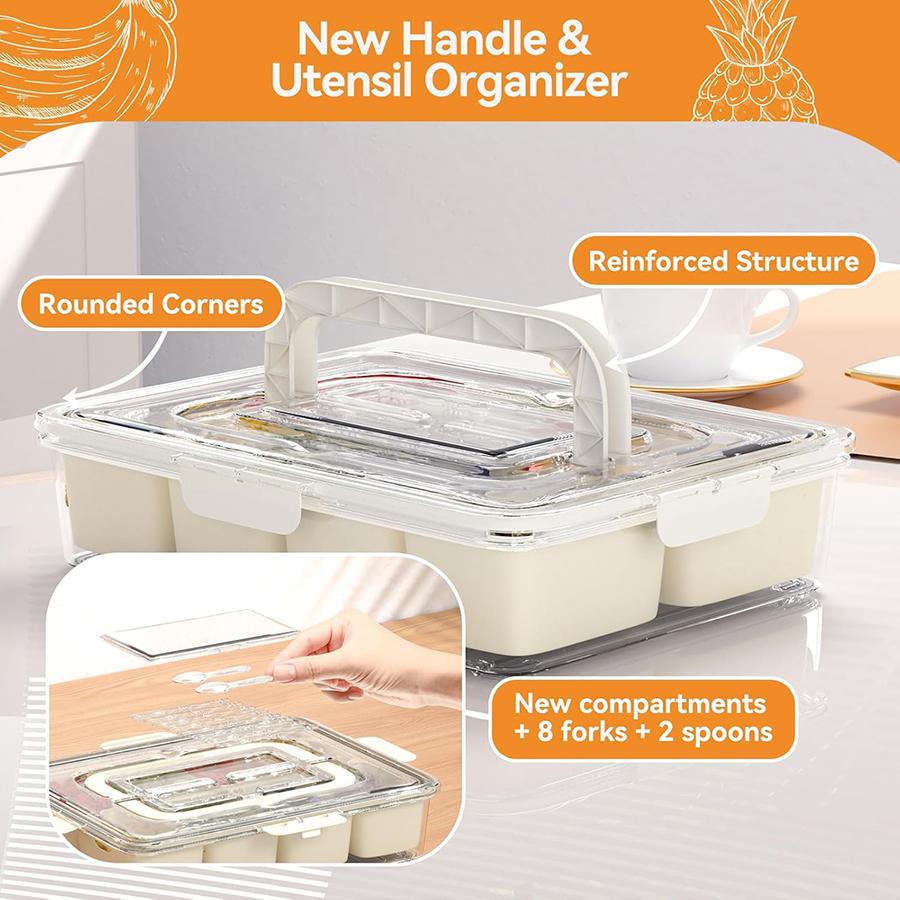 Snackle Box Container, Divided Serving Tray with Lid and Handle, Adding Cutlery Organizer with Fruit Forks and Spoons, Snackle