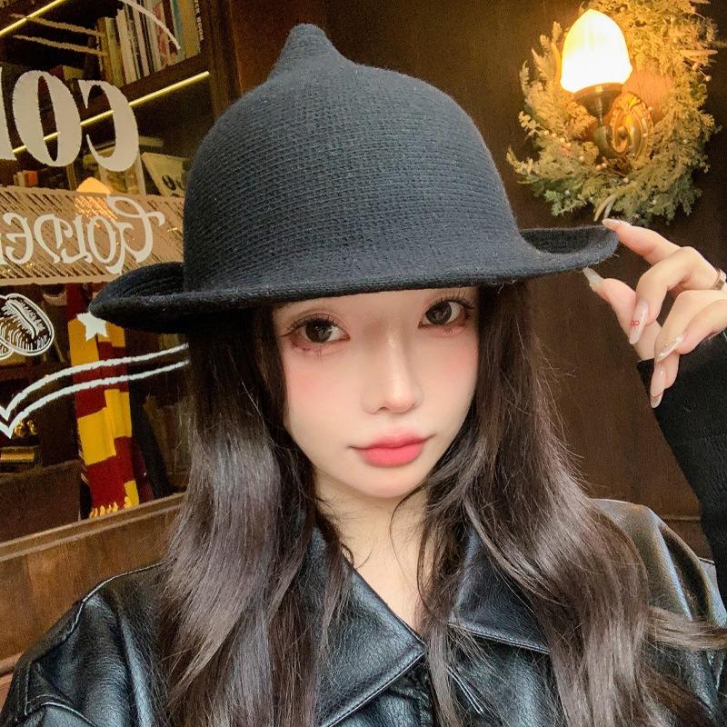Halloween Hat Women's Autumn and Winter Magic Witch Hat Wool High Quality Pointed Top Decorative Curled Wizard Hat