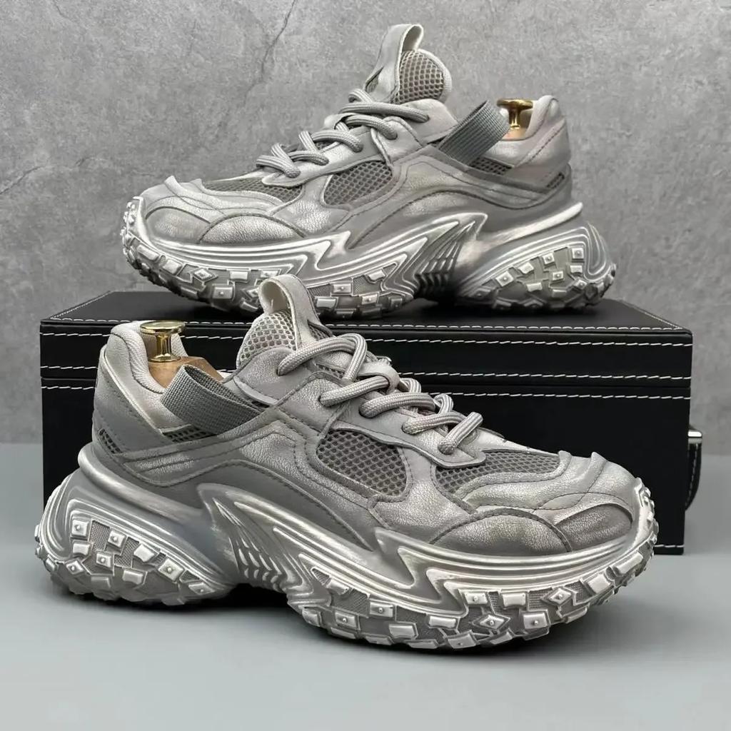 Chunky Sneakers Men Designer Tire Bottom Sport Shoes Fashion Casual Leather Mesh Breathable Height Increased Flat Platform Shoes