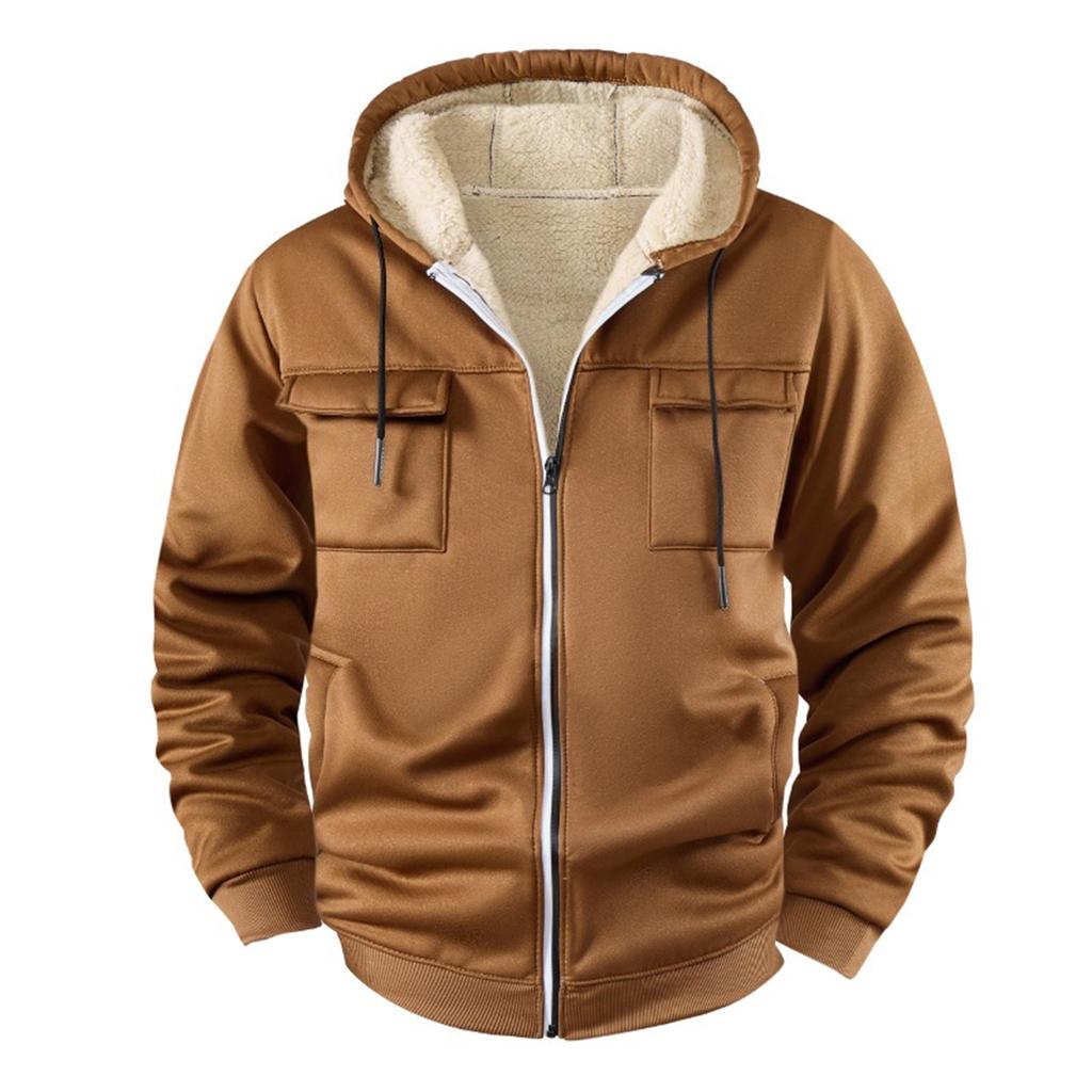 Men's Casual Loose Sweatshirt Solid Color Zipper Double Pocket Plush Hoodie Sports Sweatshirt Jacket
