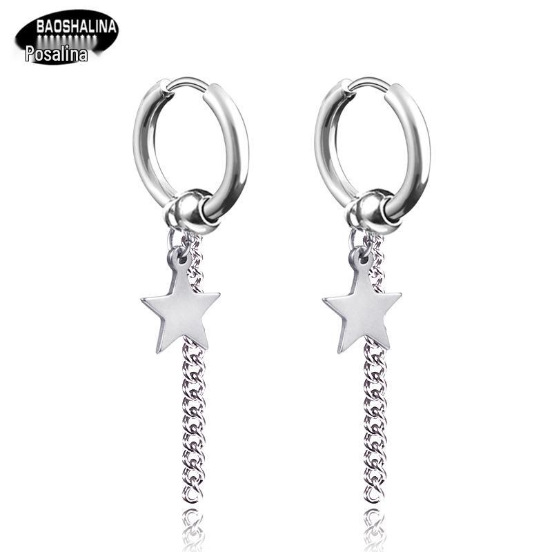 Baoshali Titanium Steel Star Tassel Ear Hoops: Trendy No-Piercing Men's Earrings