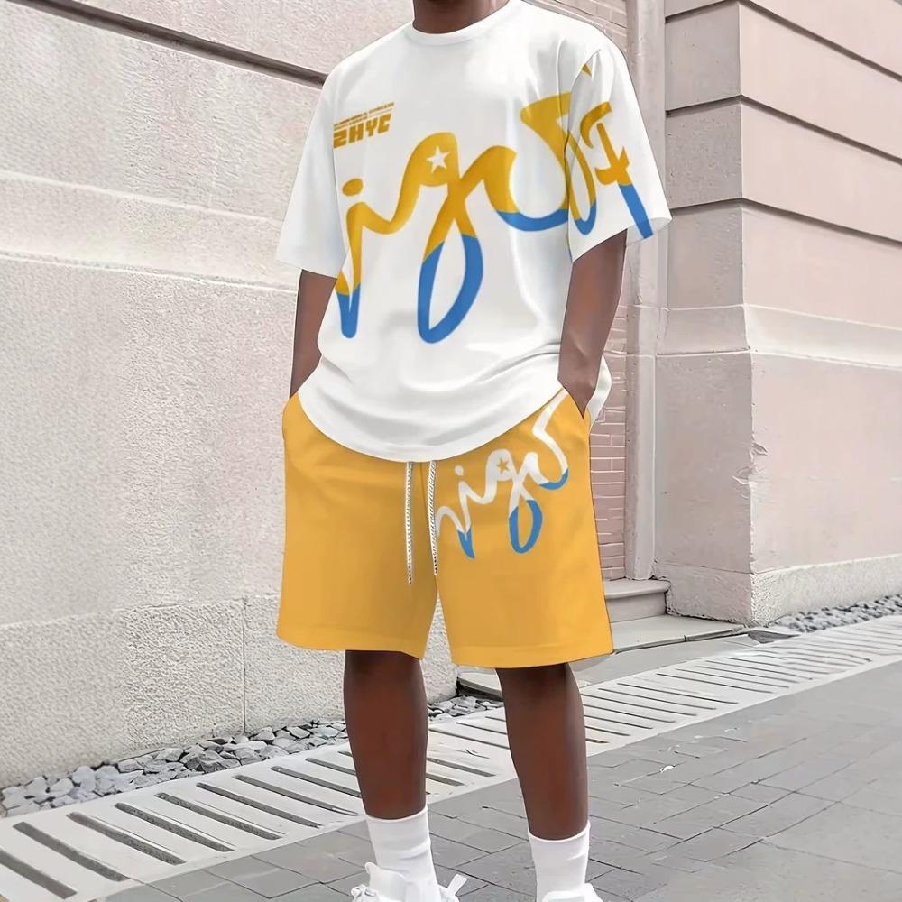 Summer Fashion Men's Personalized Fun Letter 3D Printing Two-piece Set Fashionable Comfortable Breathable Loose Large Size Sports Wear