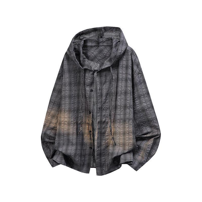 Hooded Checkered Long-Sleeve Shirt—Unisex Oversized Sun-Protective Jacket, Retro Casual Top