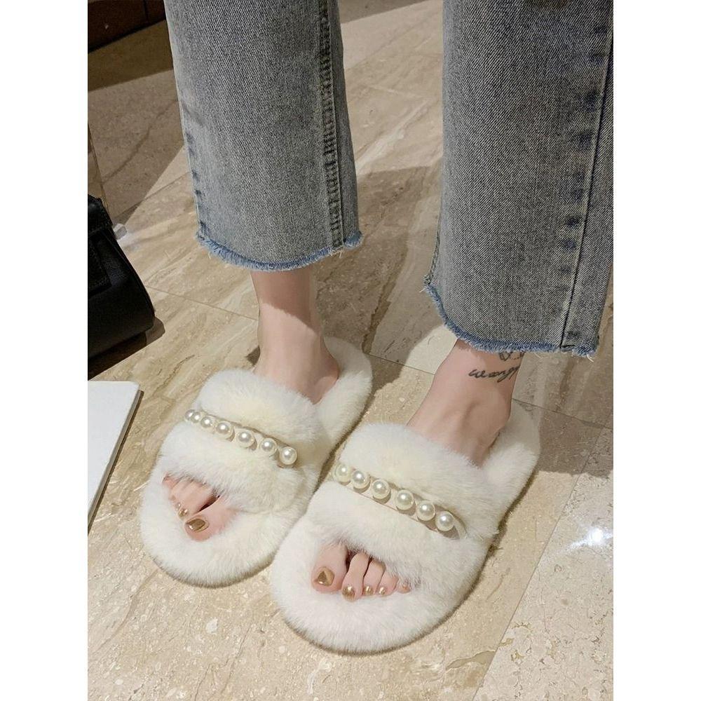 Pearl Fluffy Slippers Women's Outer Wear Spring and Autumn 2025 New Plush Beaded One-word Mop Home Indoor Floor Cotton Mop