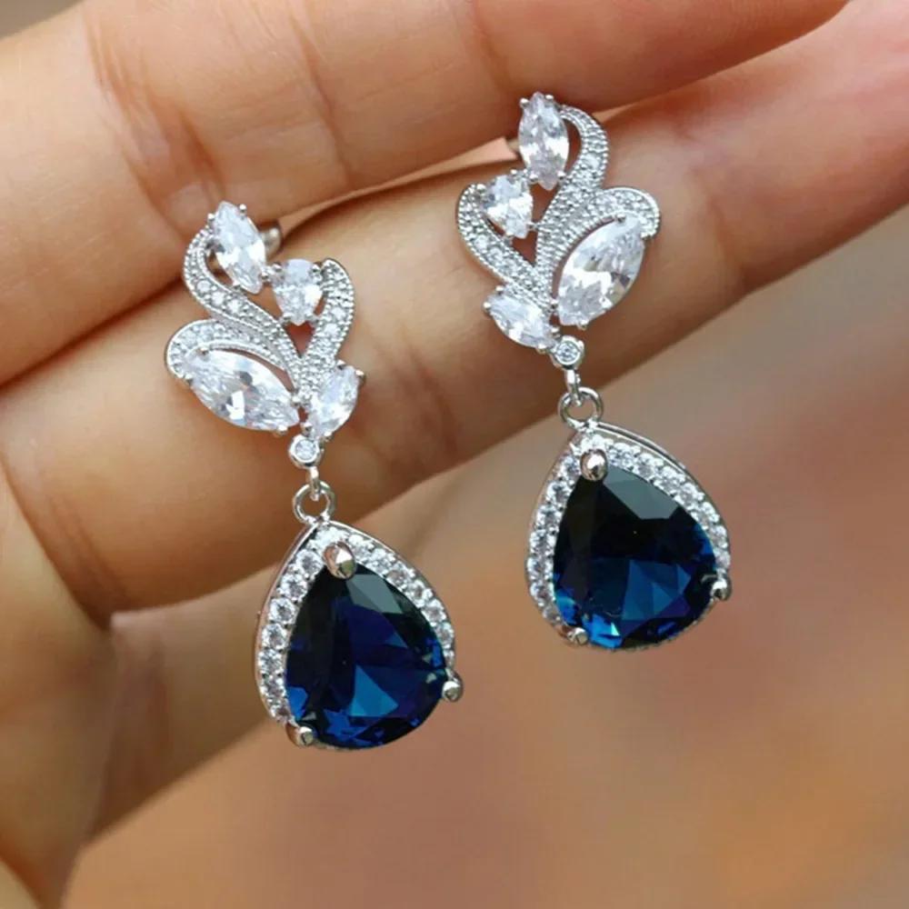 Royal Blue Zircon Oval Earrings Fashionable High-End Design Accessories for Banquets Personalized Simple Zircon