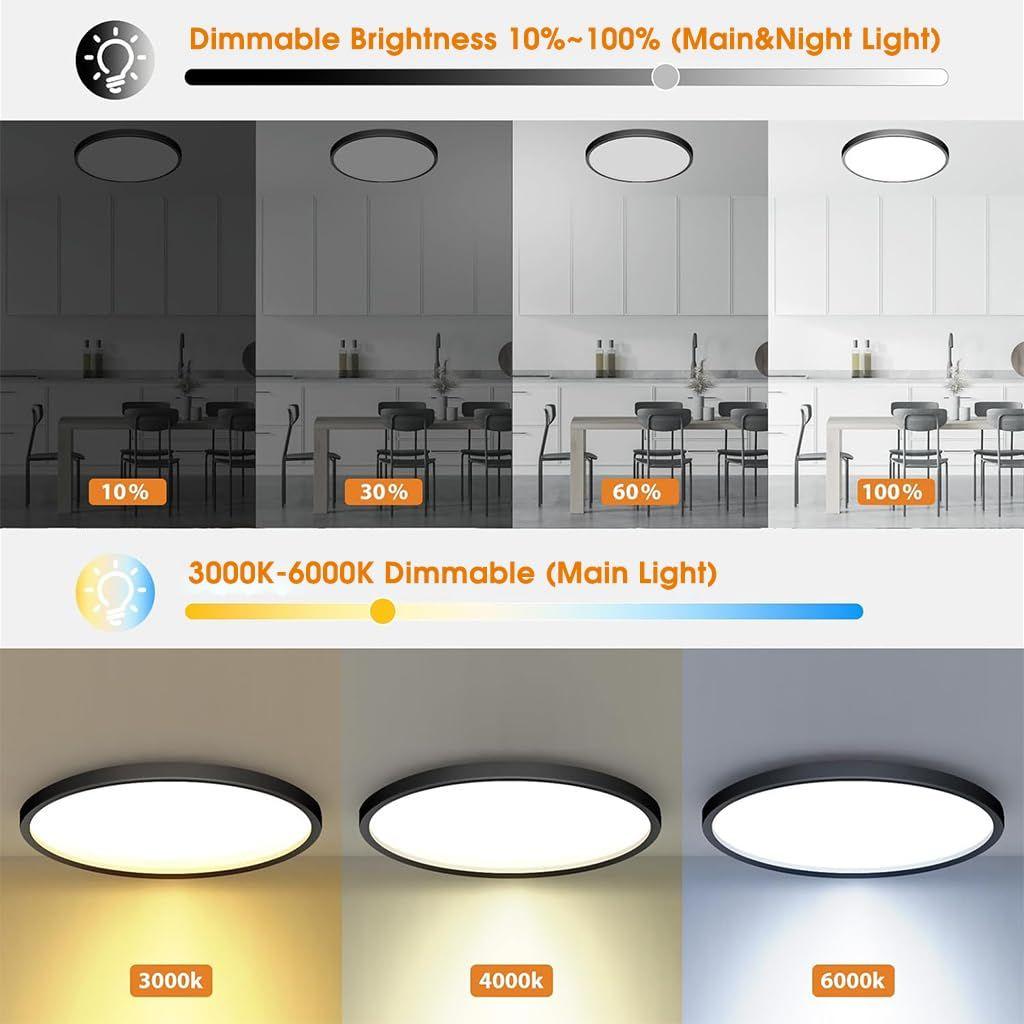 12" Dimmable LED Ceiling Light with Remote Control, 24 W 3-Color Ceiling Light with Dim Night Light 1800k Warm, Round Flush LED Ceiling Lights (Black)