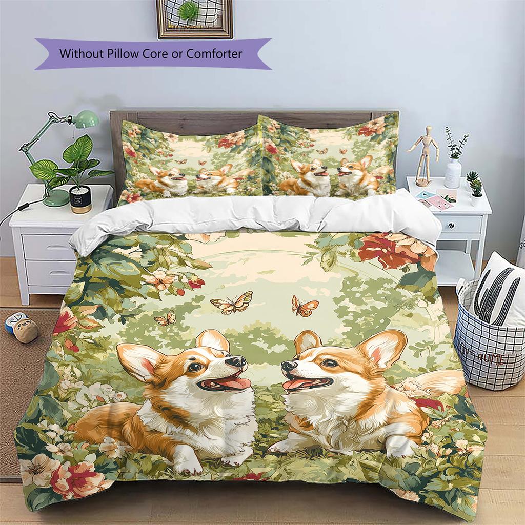 Corgi and Grassland Pattern Bedding Home Decoration Birthday Gift (1 * duvet cover + 2 * pillowcase, without core)