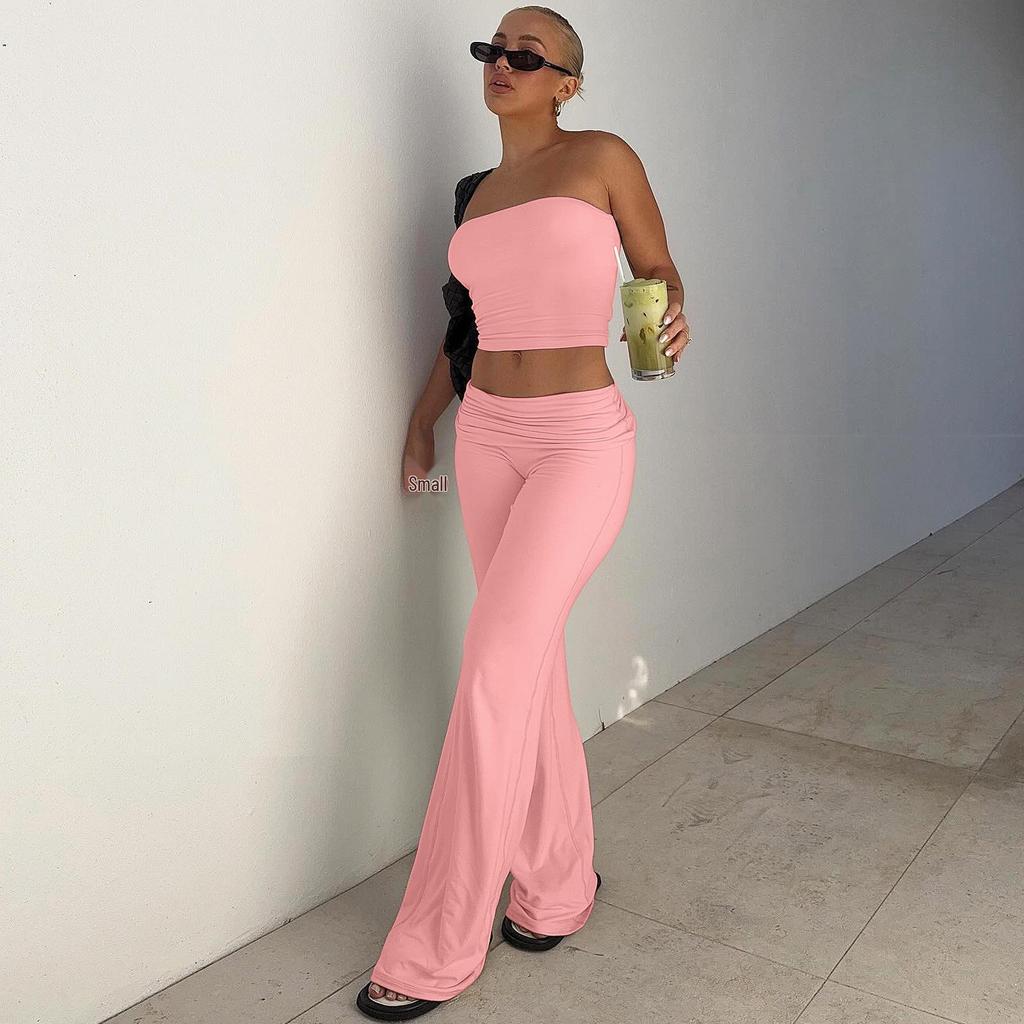 Women's Spring 2025 Solid Strapless Top and Flared Pants Slimming Fashion Set
