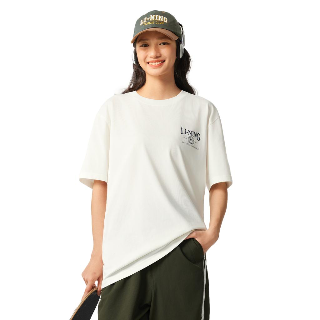 Li-Ning Simple Versatile Round Neck Loose Fit Letter Logo Drop Shoulder Short Sleeve T-Shirt Men Tops Off-White AHSV479-1