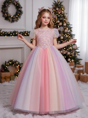 Pailletten-Puffärmel-Festkleid für Kinder mit Regenbogen-Tüllrock - Ideal für Geburtstage oder Aufführungen