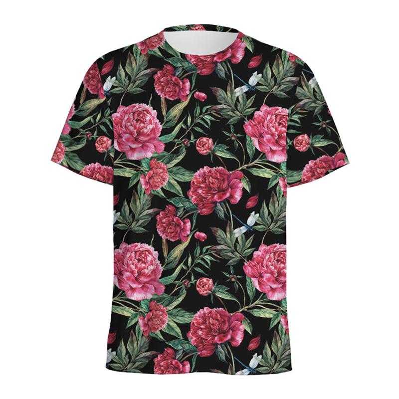Sommer Rundhals 3D Pfingstrose Blume Totenkopf Muster Bedrucktes Top Modisch Lässig Kurzärmelig Kinder Jungen T-Shirts