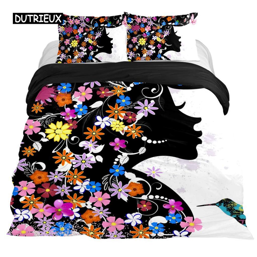 Hummingbirds Bedspread Cover Kit Tropical Flowers Nature Blooms Bed Cover Kit Tropical Birds Theme Queen Dimension Size 2/3 Pcs Comforter Cover
