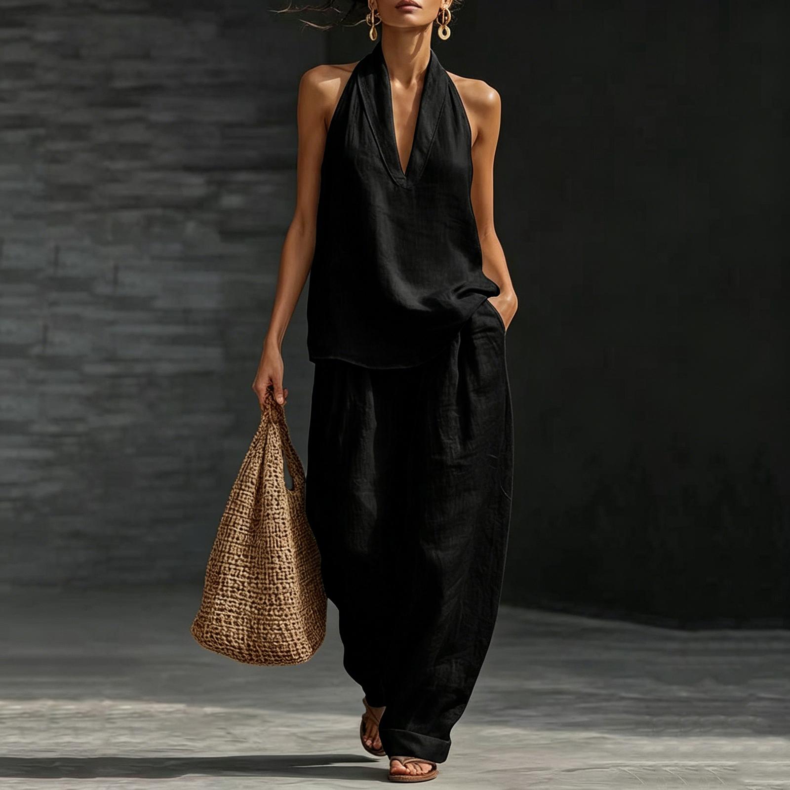 

Womens Neck Sleeveless Loose Fit Two Piece Outfit Casual Wide Leg Pants Set Lightweight Fabric Suit L чёрный