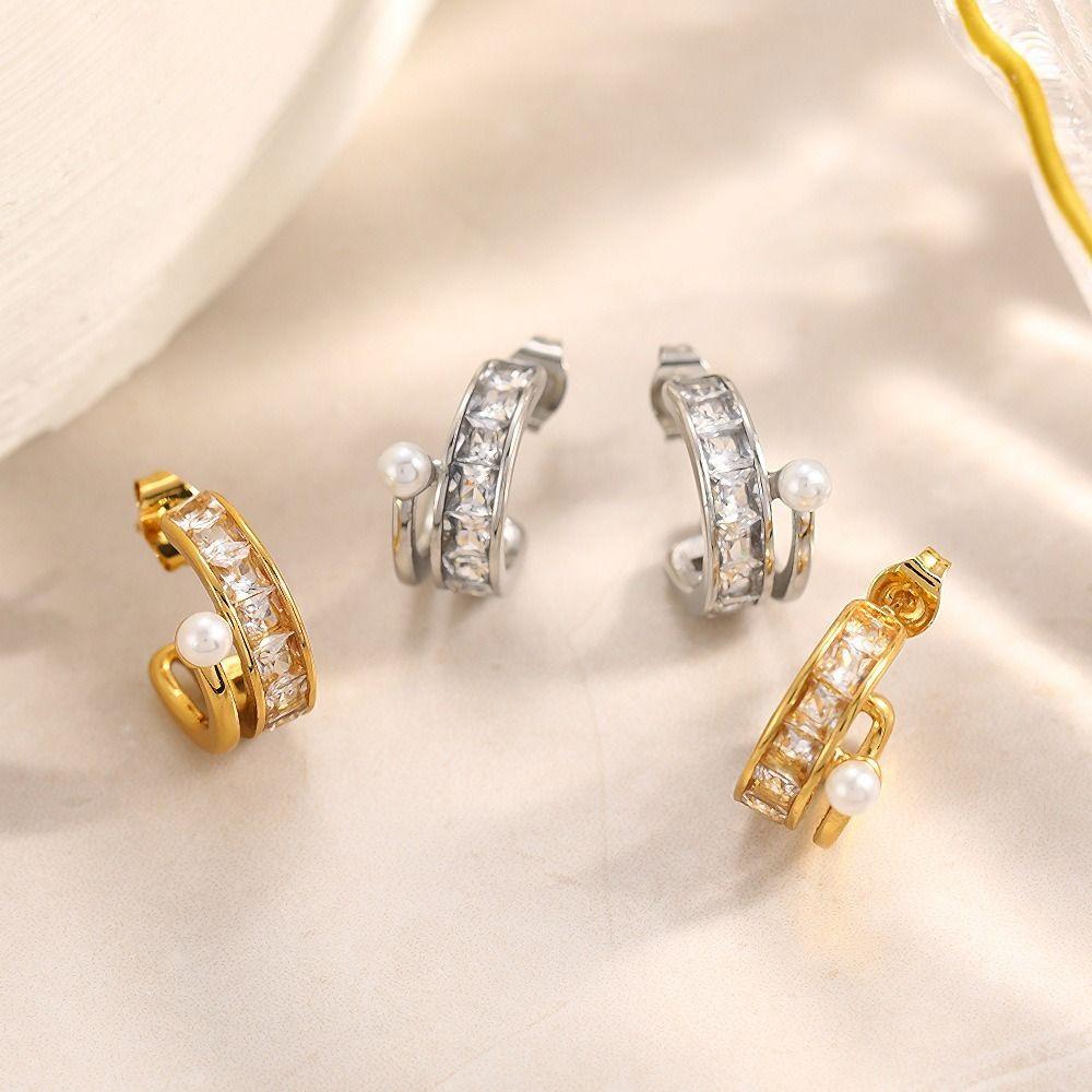 Stainless Steel Geometric Square Earrings Geometric Design Imitation Pearl Stainless Steel Earrings Chic Style Delicate Design