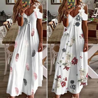Maxi Dress Feather Printed Lace Sling Ladies Loose-fitting A-Line Long Dress Streetwear