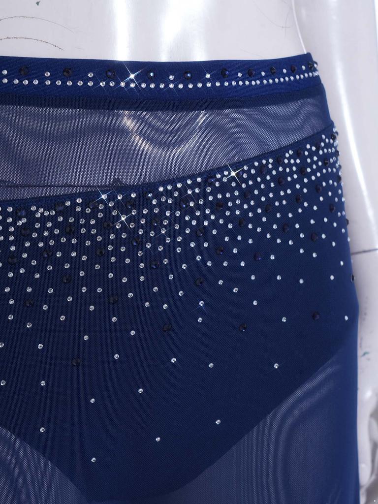 Women Halter Crop Top and Wide Leg Pants Set Rhinestone Mesh Patchwork Sleeveless with Built-in Bottoms Elastic Waist for Dance Club Performance