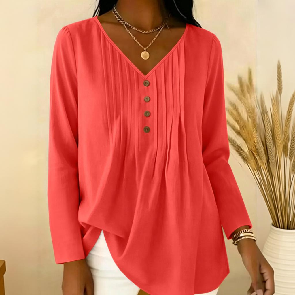 Women's Pleated V Neck Long Sleeve Blouse Button Detail Casual Lightweight Top for Work or Everyday Wear