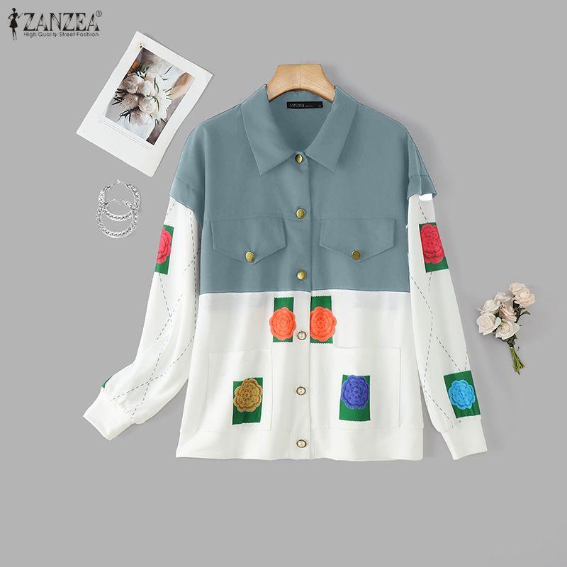 ZANZEA Women Turn Down Collar Long Sleeve Patchwork Blouse