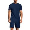 Men's Casual 2 Piece Textured Grid Knit Outfit Crew Neck Short Sleeve T-shirt & Elastic Waist Drawstring Shorts Loungewear Set Navy Blue