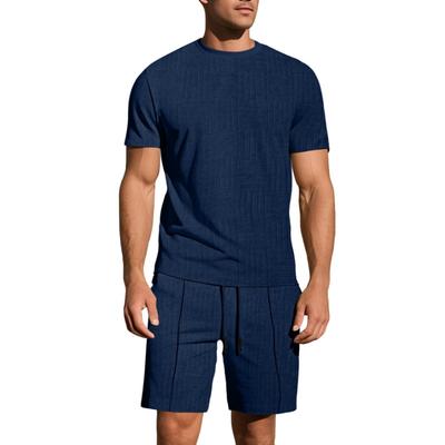 Herren Casual 2-teiliges Outfit aus texturiertem Gitterstrick Crew-Neck Kurzarm-T-Shirt & Shorts mit elastischem Bund und Kordelzug Loungewear-Set Marineblau