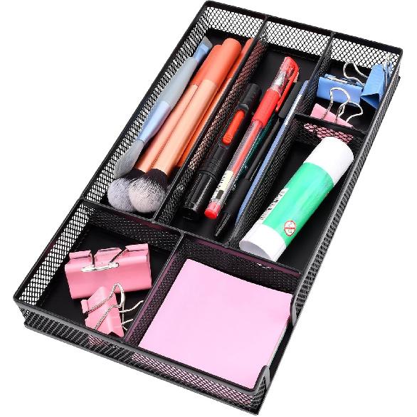 Desk Drawer Organizer Tray,11.02 x 6.1 x 1.46inch 6 Compartments Metal Mesh Dividers,Desk Organizers Storage Tray for Pens Organizer,for Desk Drawer