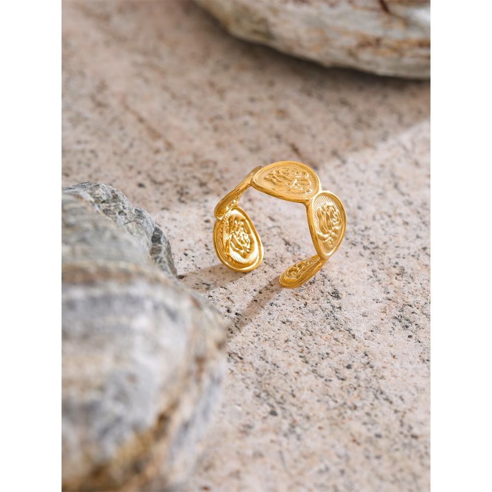 Eetit Adjustable Stainless Steel Flower Shape Open Ring 18K Golden PVD Plated Texture Popular Jewelry Recommend Gift