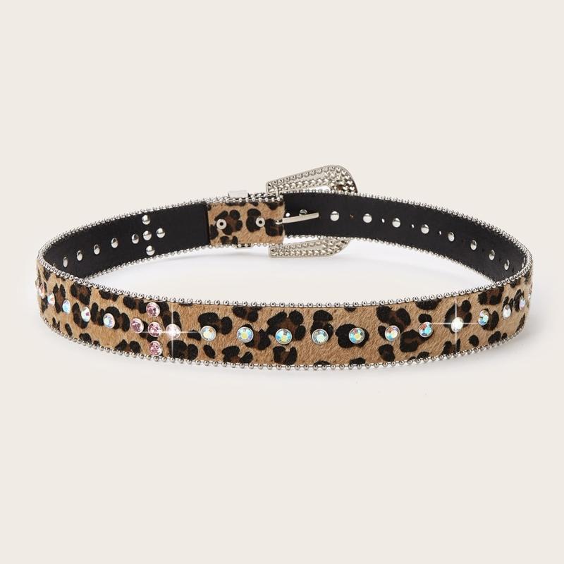 Leopards Print Rhinestones Belt With Pin Buckles for Women and Men Soft PU Adjustable Waistband