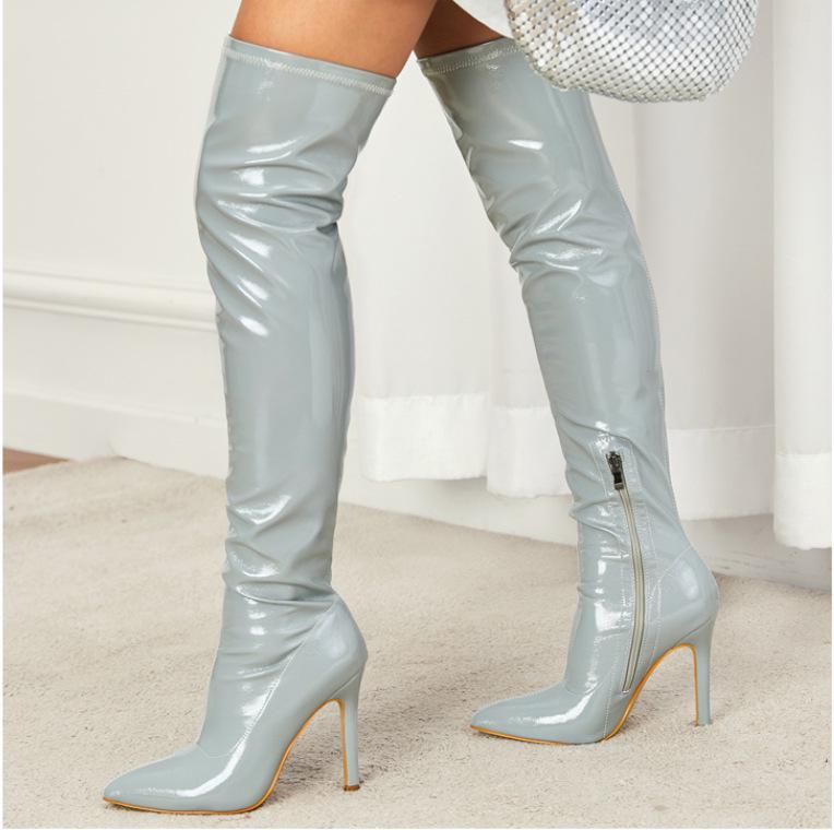 Cross2023 Women's Soft Patent Leather Stiletto Over-the-Knee Boots with Pointed Toe & Side Zipper