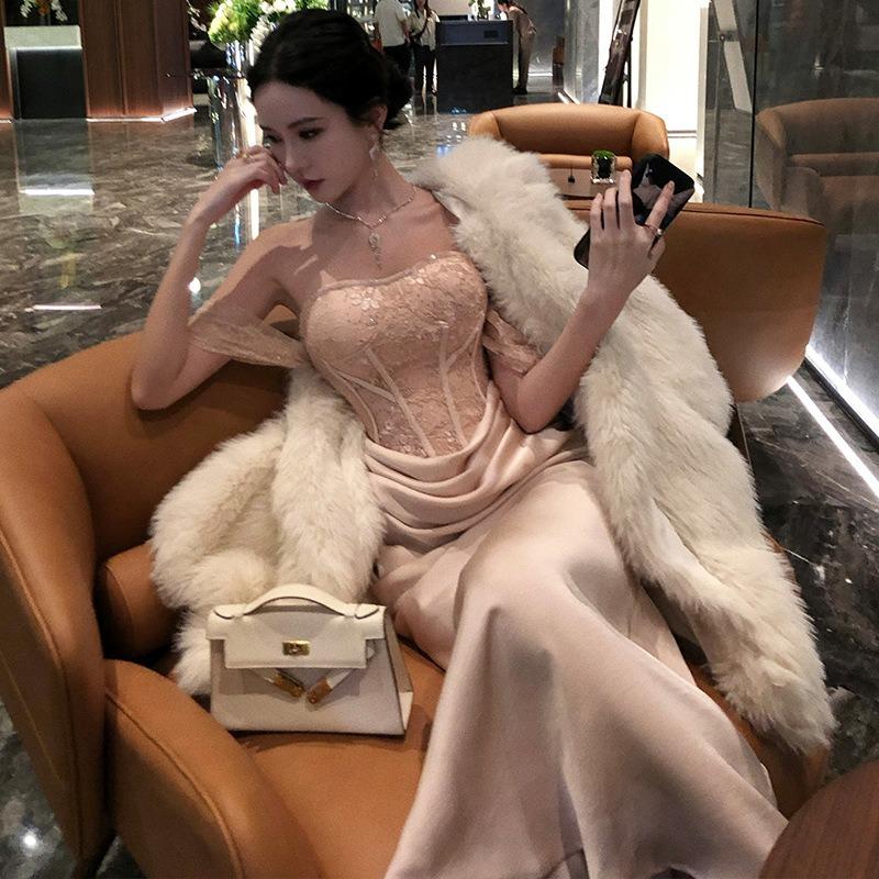 French Temperament One-word Shoulder Lace Tube Top Dress Women's Senior Sexy Backless Birthday Long Skirt Dress