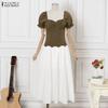 ZANZEA Women Elegant Square Collar Casual Short Sleeve Splice Long Dress