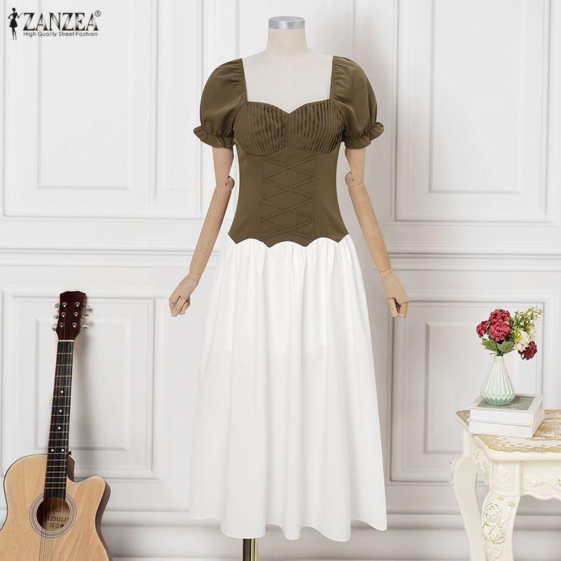 ZANZEA Women Elegant Square Collar Casual Short Sleeve Splice Long Dress
