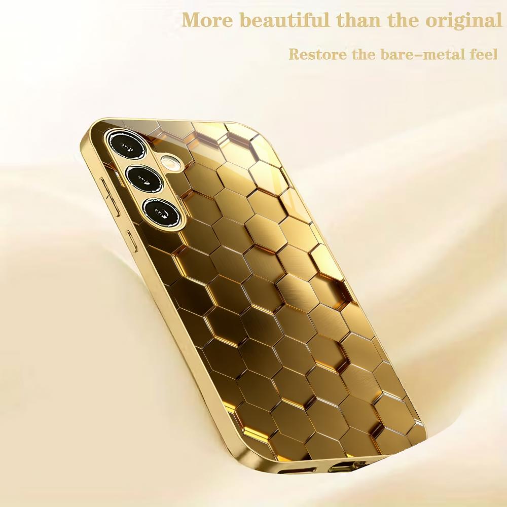 Honeycomb shaped pattern gold plated glass phone case suitable for Samsung Galaxy S26 S25 S24 S22 S21 S20FE/Ultra/Plus anti drop