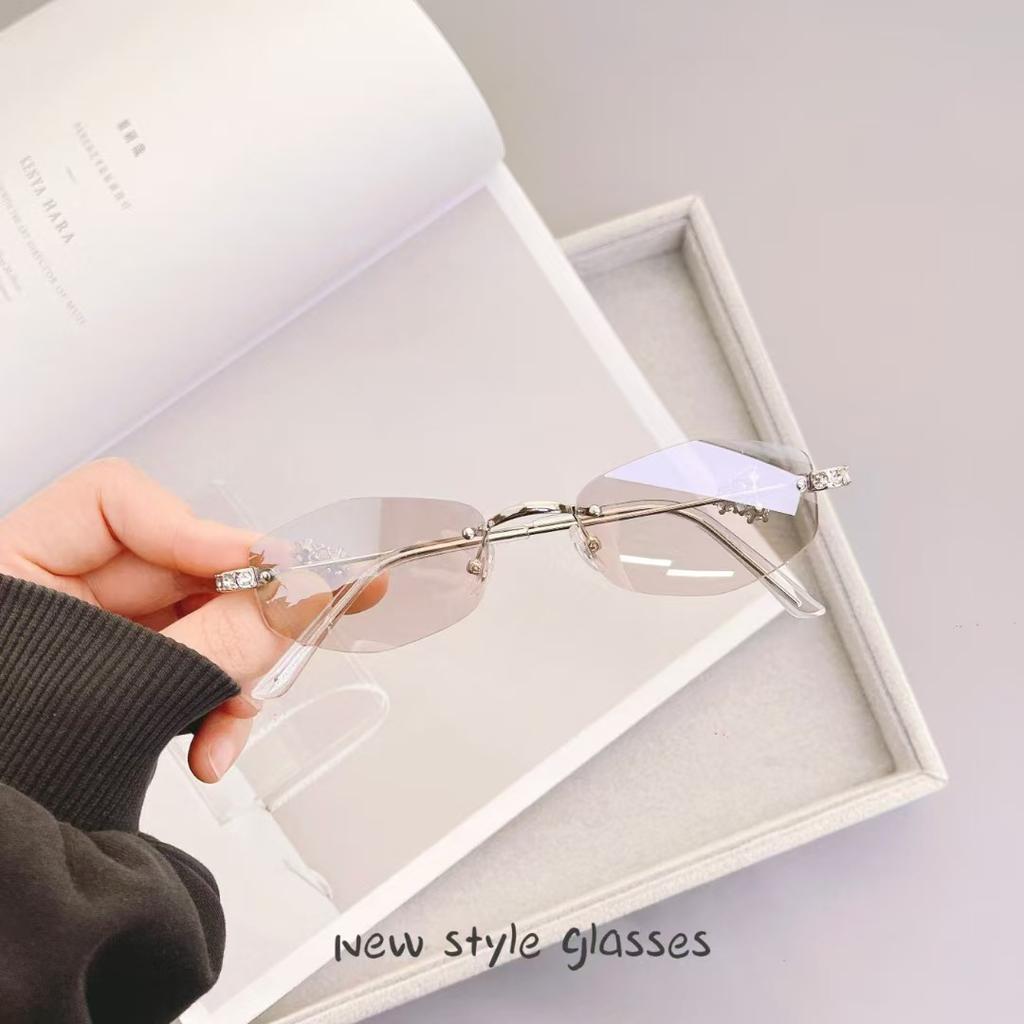Korean Fashion Women'S Sunglasses Oval Shape Rimless Anti-Glare Sun Glasses Women Rhinestone Decoration Female Sunglass