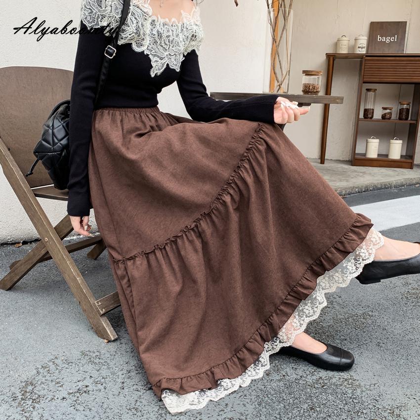 

Французский стиль Осень Зима Женская юбка миди принцессы с высокой талией Черная Бежевая Коричневая Кружевная юбка с оборками Сладкая Элегантная Женственная юбка One Size