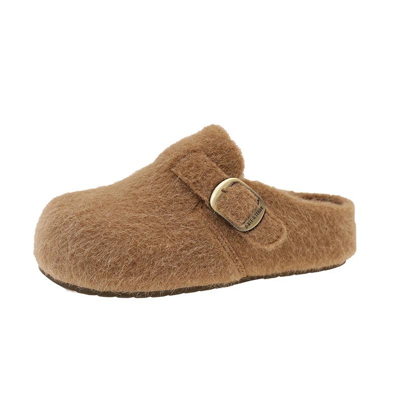 Leather thick-soled outer wear bag head half slippers autumn and winter new one-pedal lazy shoes fluffy shoes