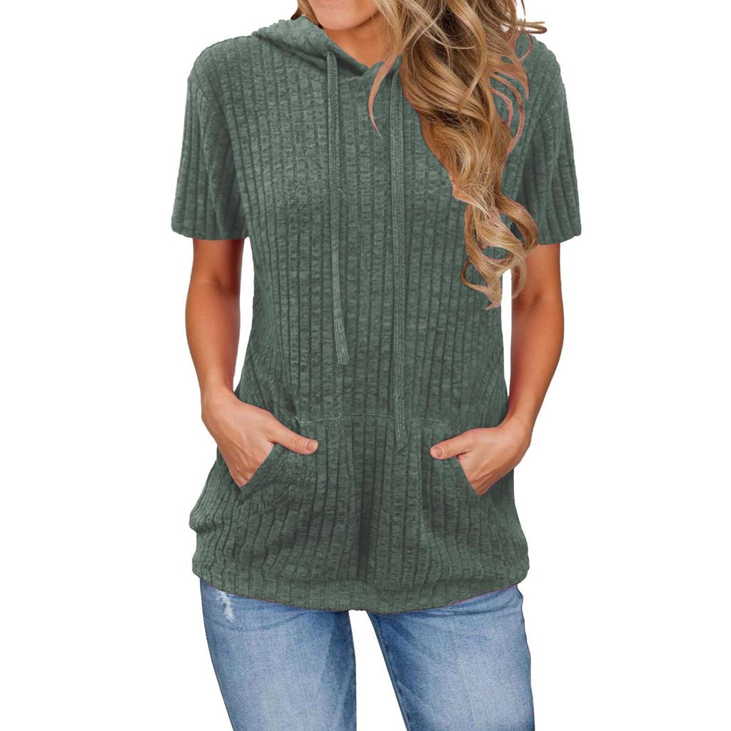 2025 European Women's Ribbed Pocket Hooded Vacation Short-Sleeve T-Shirt