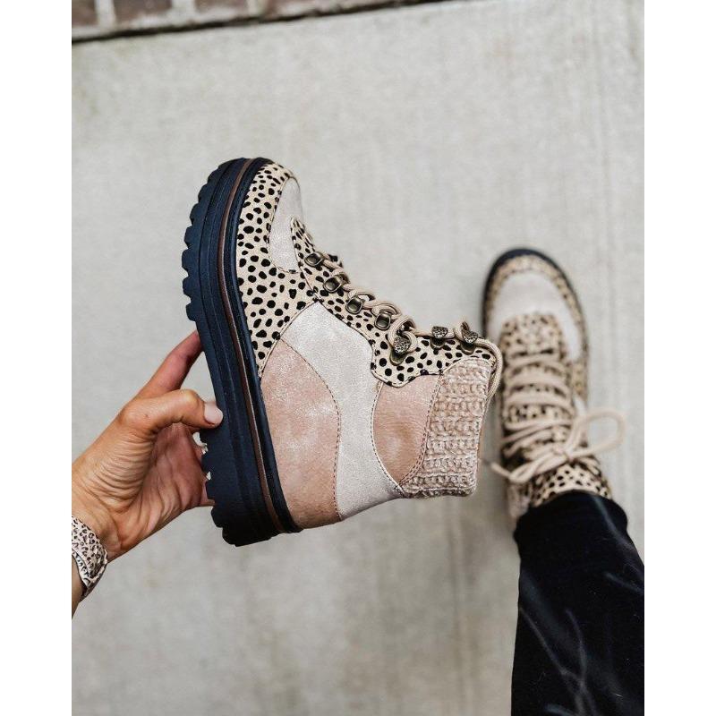 Autumn and Winter New Large-size Flat-bottomed Martin Boots Women's High-top Round Head Lace-up Leopard Print Wool Boots Thick-soled Short Boots
