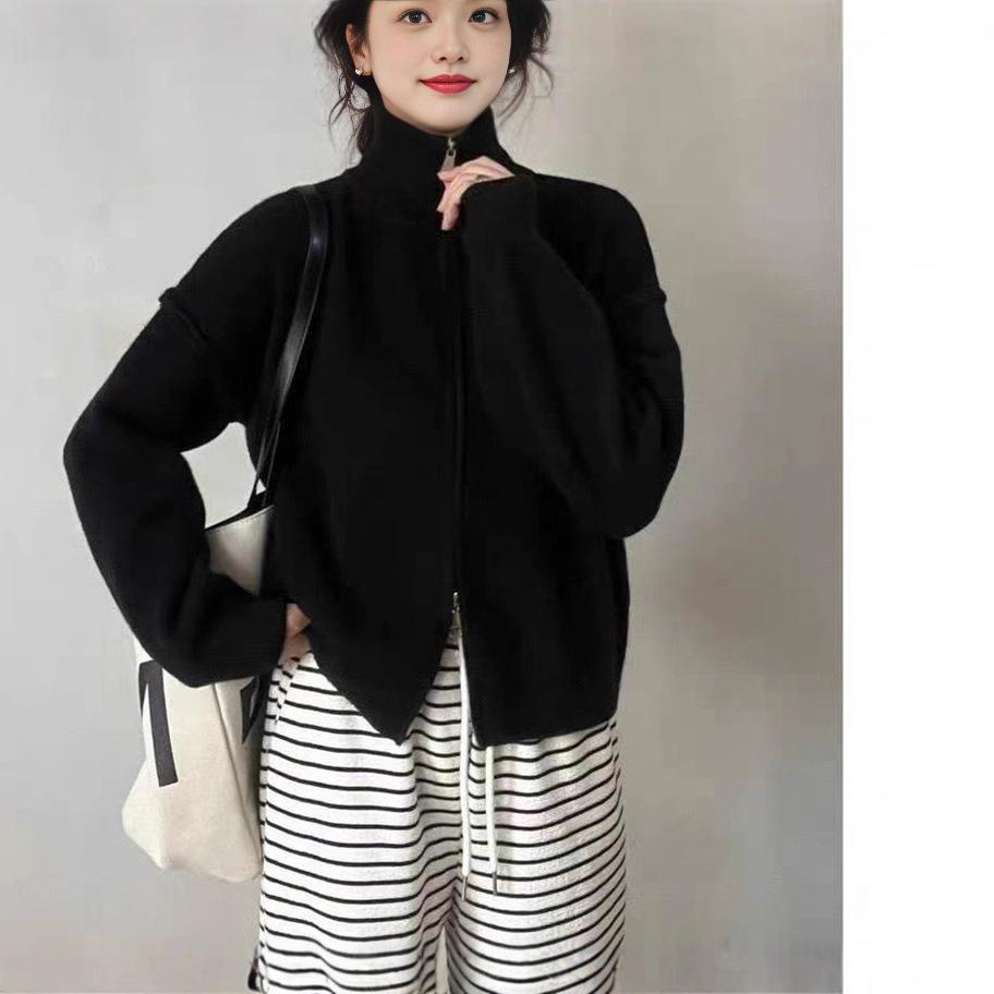 Foreign Trade New Double Zipper Reverse Set Design Sense Loose Simple Knitted Cardigan Solid Color Casual Sweater Jacket Women