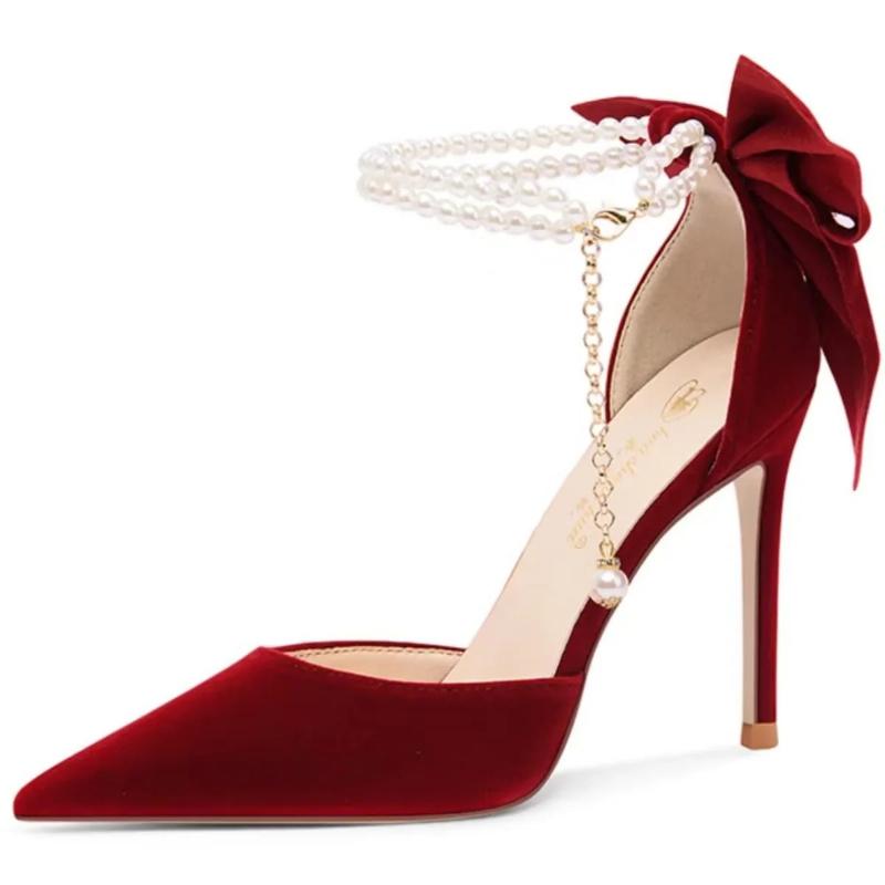 

New Red Women Pumps Thin Heel Hollow Sandals Pearl Butterfly Pointed Toe High Heels Luxury Elegant Wedding Bride shoes 34 красный