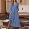 Women Bohemian Cotton Linen Dress Oversized V-neck Long Sleeve Swing Dress Pleated