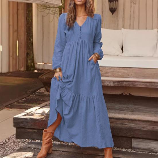 Women Bohemian Cotton Linen Dress Oversized V-neck Long Sleeve Swing Dress Pleated