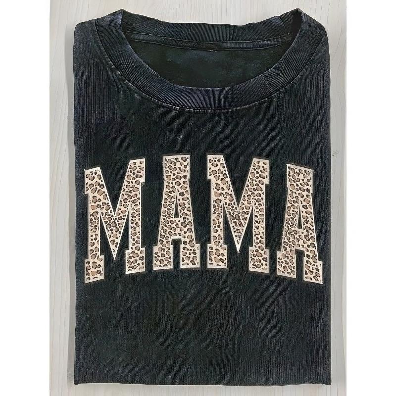 

Европейские размеры Мужская футболка Ретро Леопардовый принт Графика MAMA с надписью, Унисекс Повседневная футболка с круглым вырезом, Повседневная одежда S чёрный