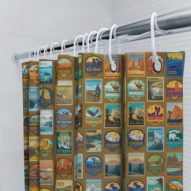 Vintage National Parks Poster Shower Curtain Nature Inspired Decor For Bathroom