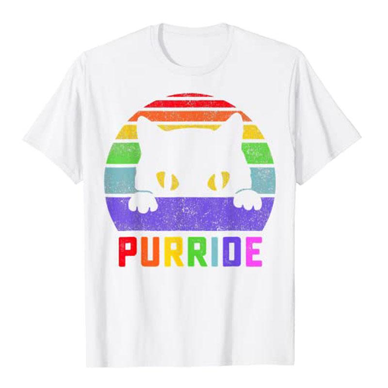 Pride Cat Purride Gay LGBTQ Rainbow Flag Retro T-Shirt Funny Kitty Lover Lesbians Graphic Tee Top Short Sleeve Blouses LGBT Gift