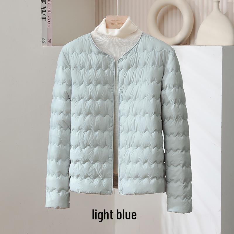 Women's Lightweight Down Jacket, Short Wave Pattern, Convertible Round/V-Neck, Warm for Autumn/Winter