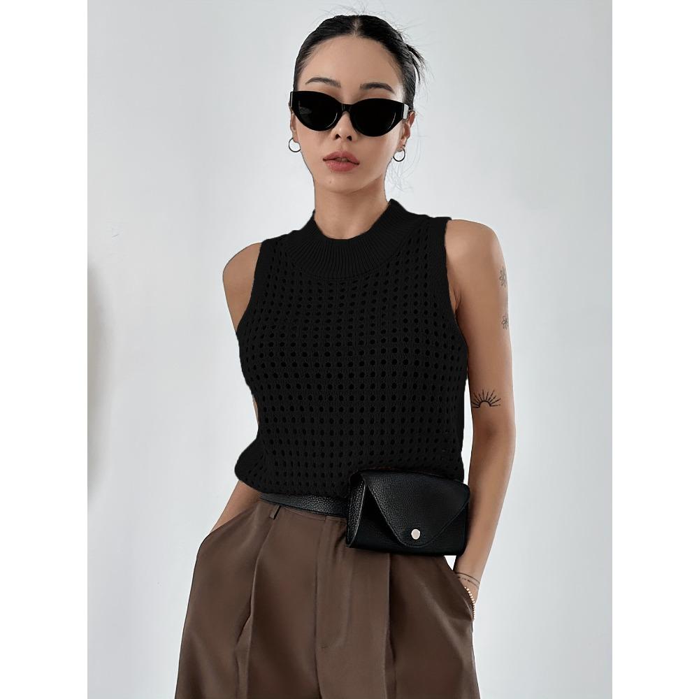 

Весенне-летний короткий вязаный жилет с круглым вырезом и ажурным узором для женщин, с перекрученным узором, носится как базовый слой без рукавов S чёрный